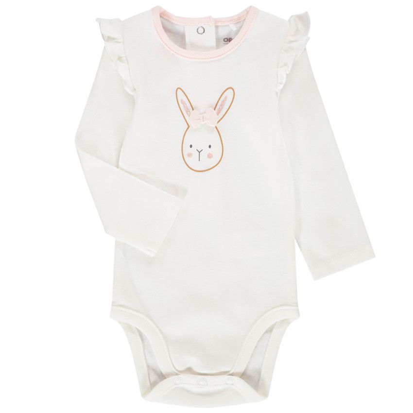 Body manches longues et épaules volantées en interlock print lapin pour bébé fille - Ecru