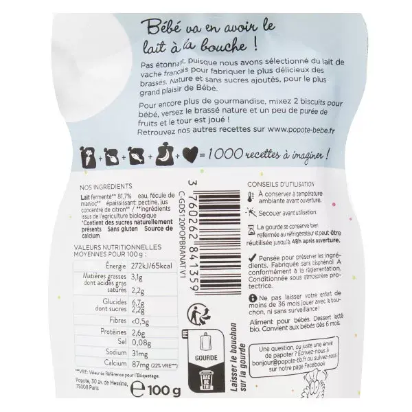 Popote Les Lactés Bolsa de Água Natural Brewed +6m Orgânica 100g