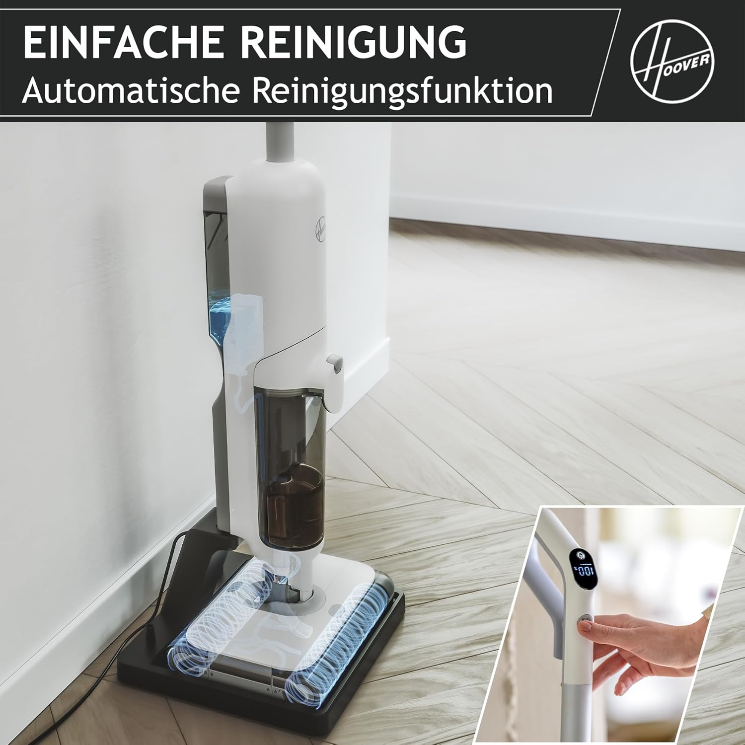 Hoover HW5 kabelloser Nass-Trockensauger und Saugwischer für Hartböden mit Hochleistungsmotor, Doppelwalzen-System, intelligente Schmutzerkennung, Selbstreinigungsfunktion, 230W [HW500]