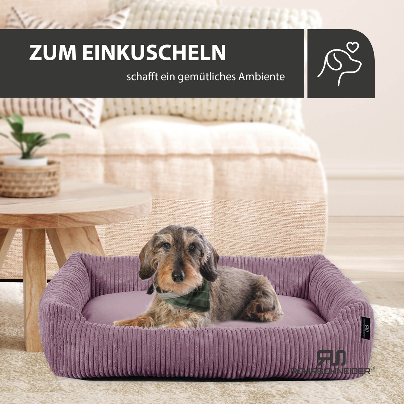Rohrschneider Hundebett waschbar, robuster Breit-Cordstoff mit Gratis-Beigabe