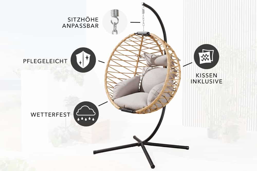 In- und Outdoor Hängesessel IBIZA natur beige Rattan mit Gestell wetterfest inkl. Kissen
