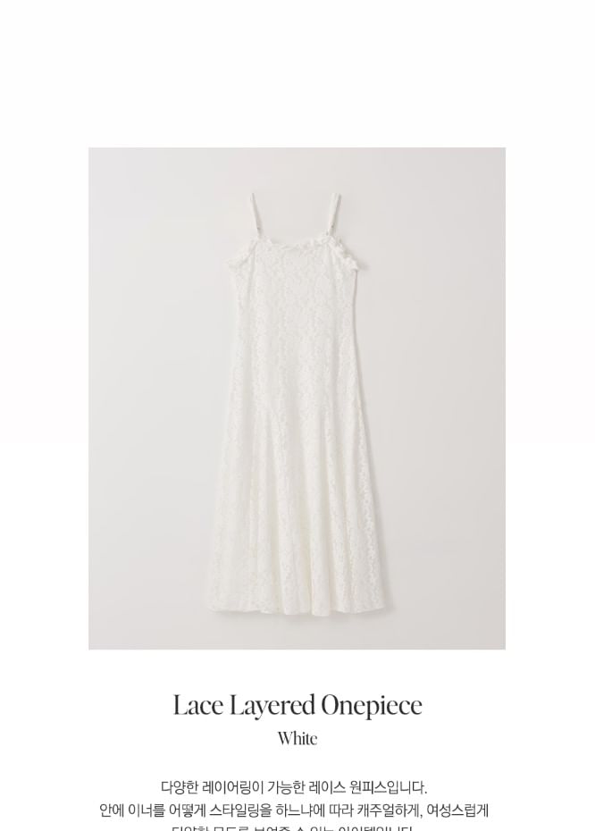 rolarola - Spaghetti Strap Godet Lace Long Dress (White)