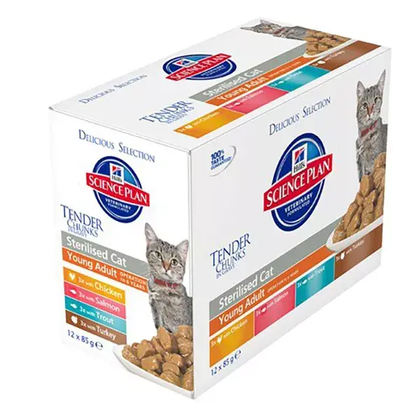 Hill's Science Plan Feline, alimento úmido misto esterilizado para gatos, sabor frango, salmão, peru e truta, 12 x 85'