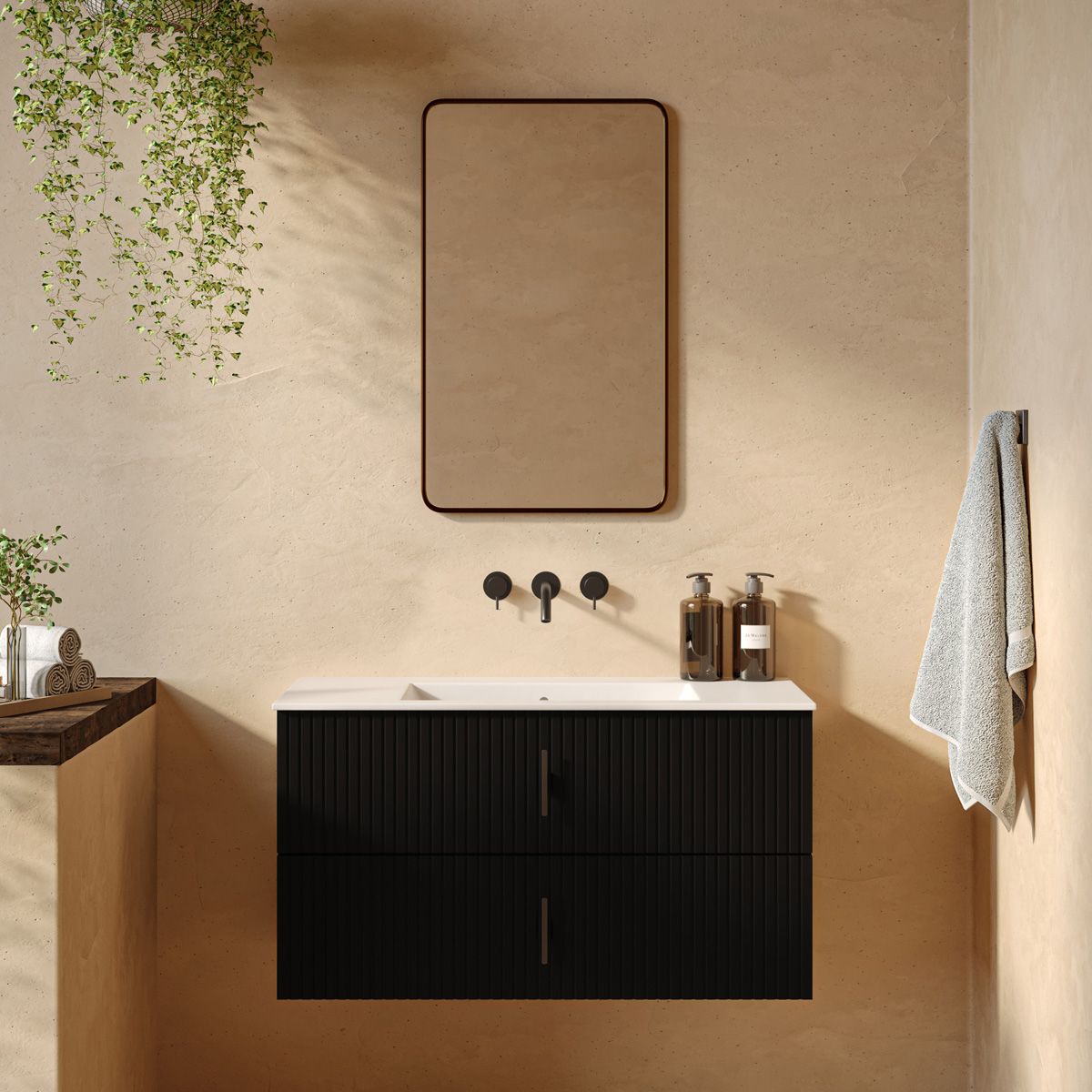 Muebles Raya onderkast ribbelfront 100cm met 2 softclose lades zwart mat