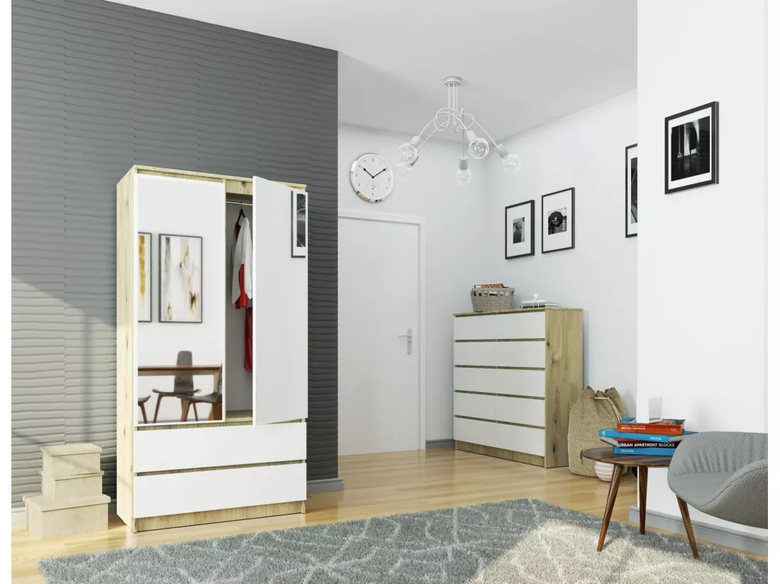 Armoire AKORD S90 avec miroir Chêne Artisan 90 cm 2 portes 2 tiroirs façade Blanche 4 étagères 90x51x180 cm