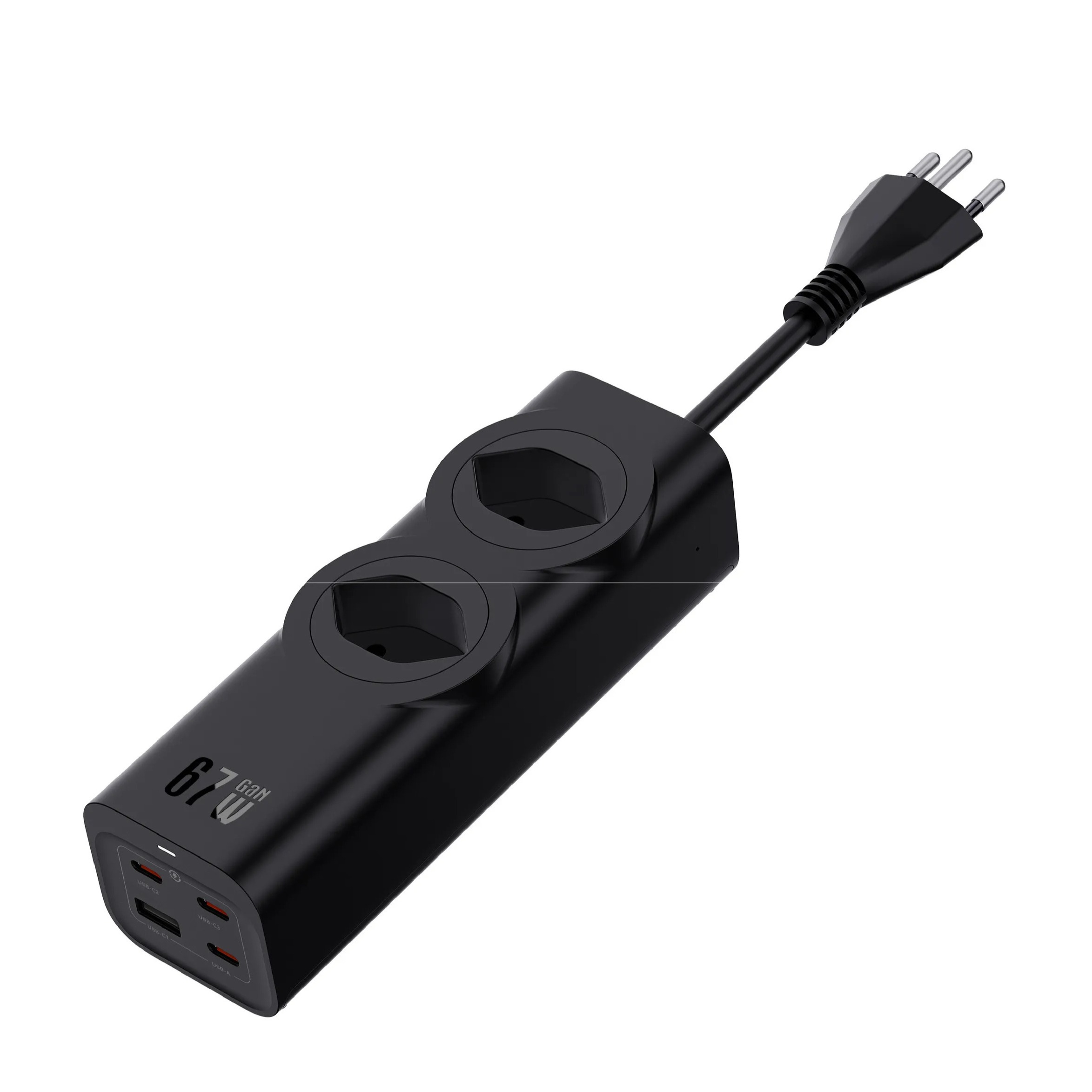(2m) Schönenberger Elektro - (67W) GaN Fast Charging Steckdosenleiste mit 2 Steckdosen und 3 x USB C   USB A (24.21367SZ) - Schwarz