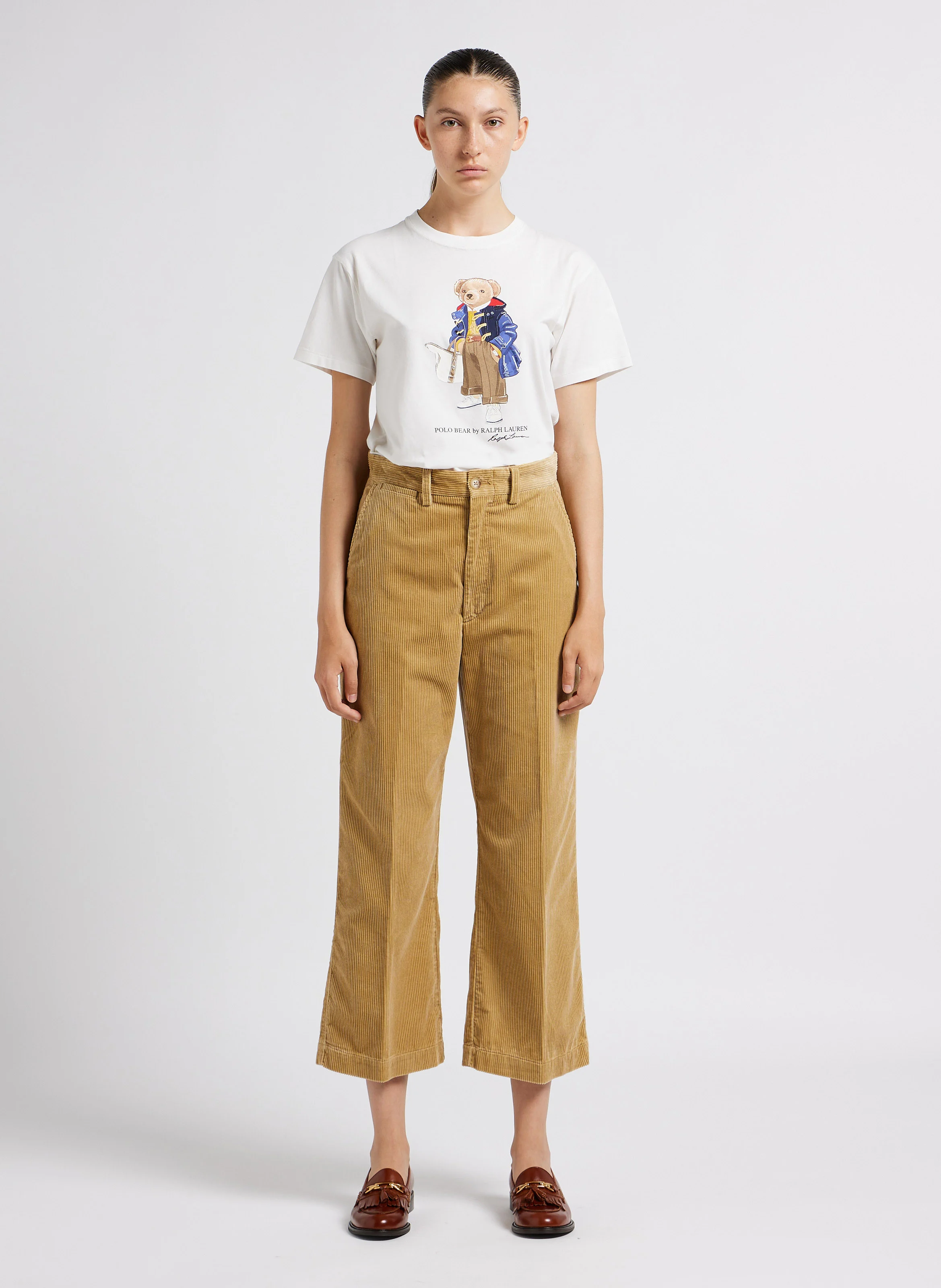 Pantalon large côtelé en coton| Beige