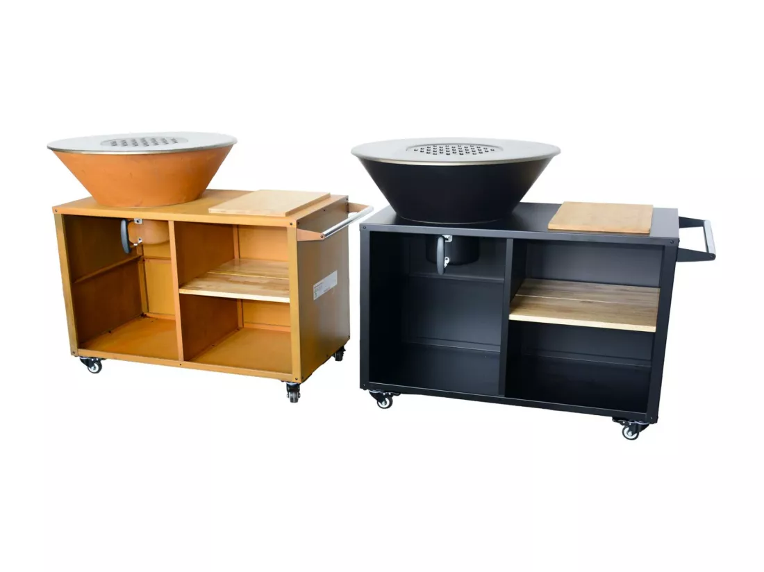 Braséro de cuisson Ø80cm - Stromboli - coloris corten avec grille de cuisson et espace de rangement. L 138 x P 82 x H 114 cm