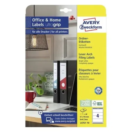 Avery Zweckform L4761-10 Ordnerrücken Etiketten A4, mit ultragrip, 61 x 192 mm, breit/kurz, 10 Bogen/40 Etiketten, weiß