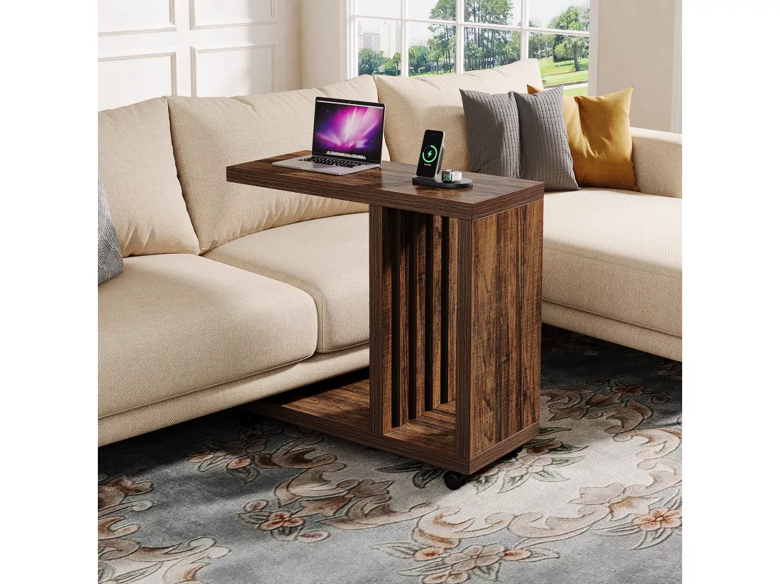 Table d'appoint en Forme de C, Table d'appoint Rustique en Bois avec roulettes verrouillables, Couleur Marron