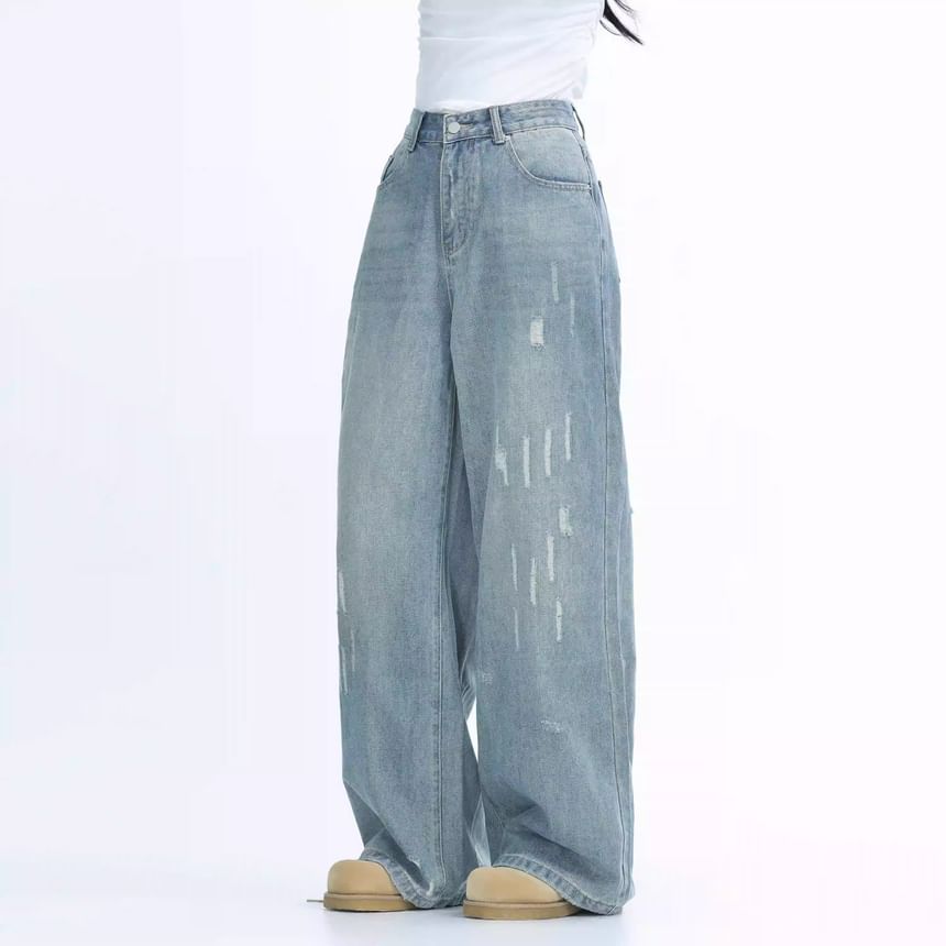 Rosesand - Hoge taille gewassen losse wijde jeans