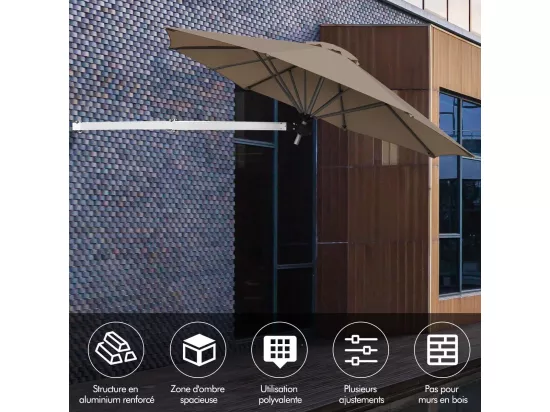 Parasol Mural en Aluminium Ø 250 CM, Parasol en Porte-à-Faux de Balcon avec Mât Réglable, Parasol Inclinable avec Tissu anti-UV et Évent, pour Terrasse, Jardin, Café (Brun)