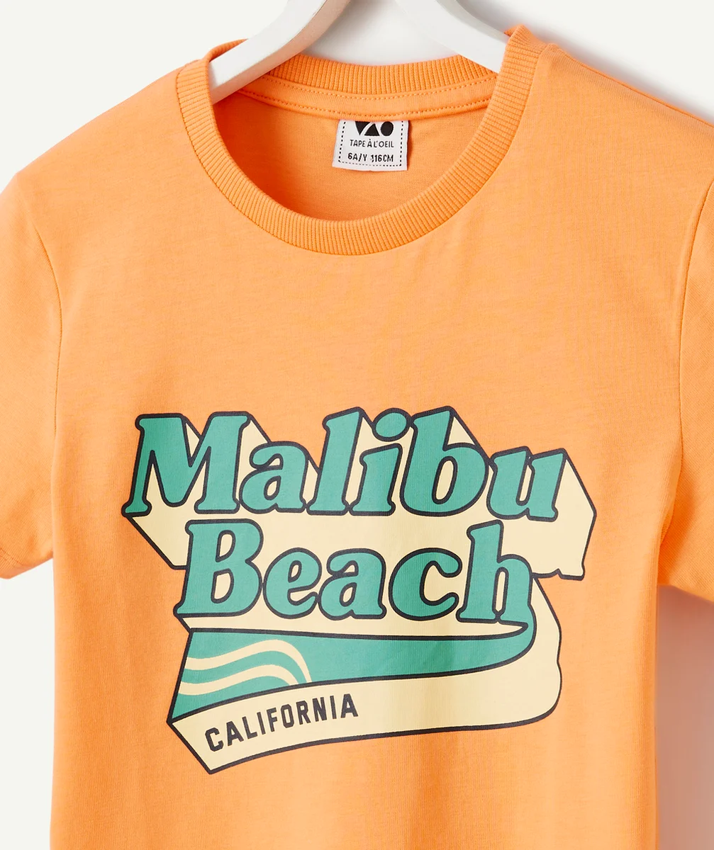 T-SHIRT MANCHES COURTES GARÇON 100% COTON ORANGE AVEC MOTIF MALIBU
