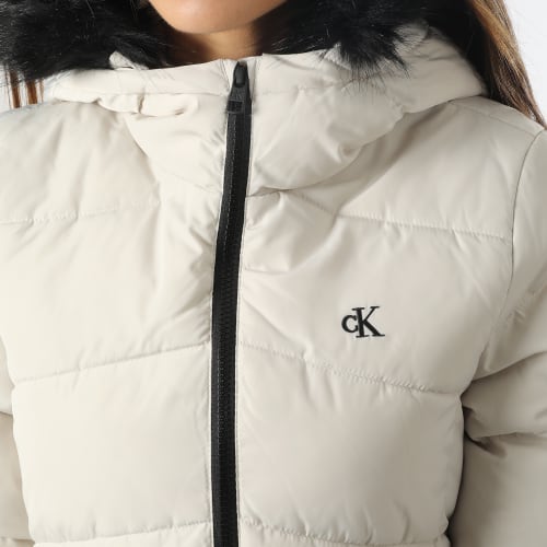 Doudoune Longue A Capuche Fourrure Femme 9825 Beige Noir