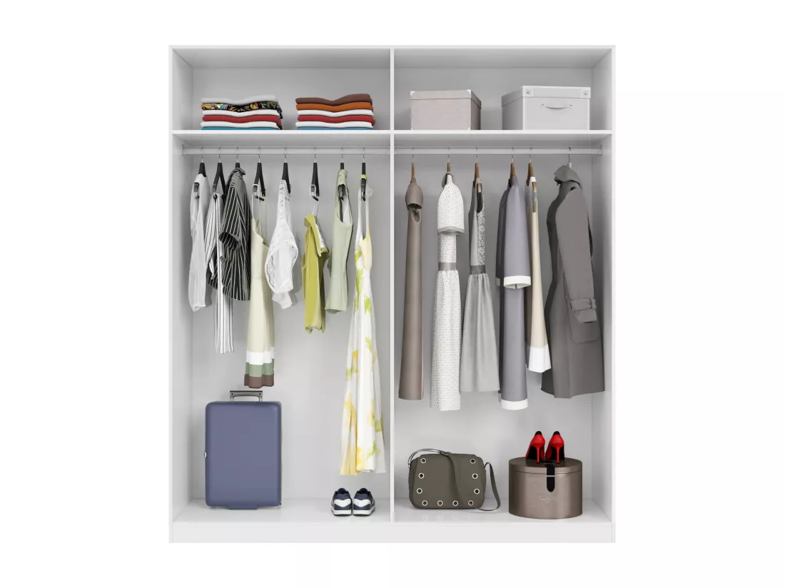 Armoire Knoxville, Armoire de chambre avec 4 portes battantes, Armoire avec 2 étagères et tringle à vêtements, 180x52h200 cm, Blanc