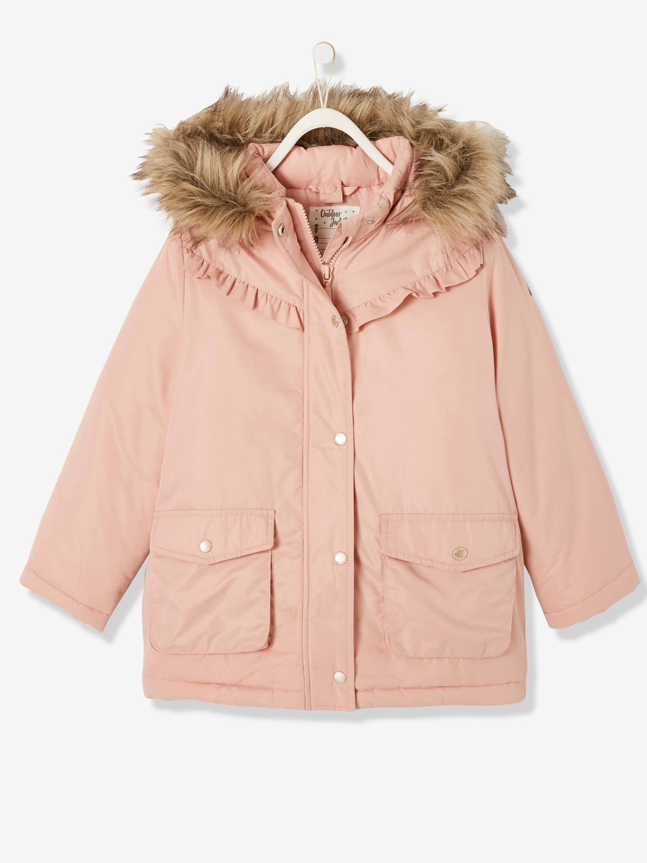 Parka com capuz 3 em 1, jaqueta acolchoada e enchimento de poliéster reciclado, para meninas, rosa escuro liso.