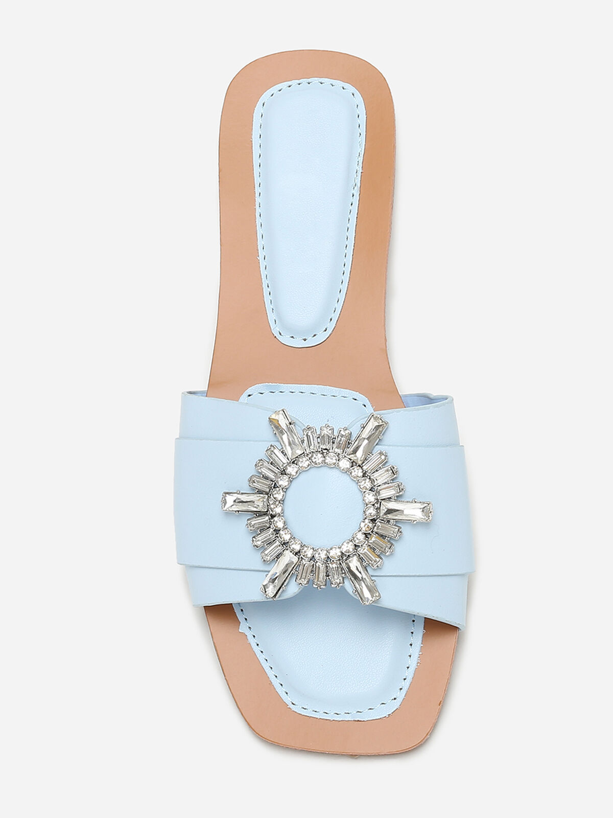 Mules carrées à bride avec bijou en strass- Bleu