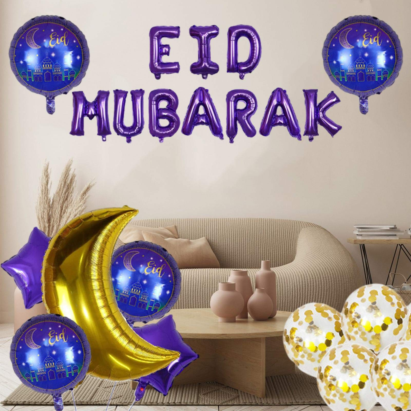 (15-tlg. Set) Ramadan Ballon Girlande Eid Mubarak Party Deko   Latex- & Folien Luftballons - Lila / Gold / Blau