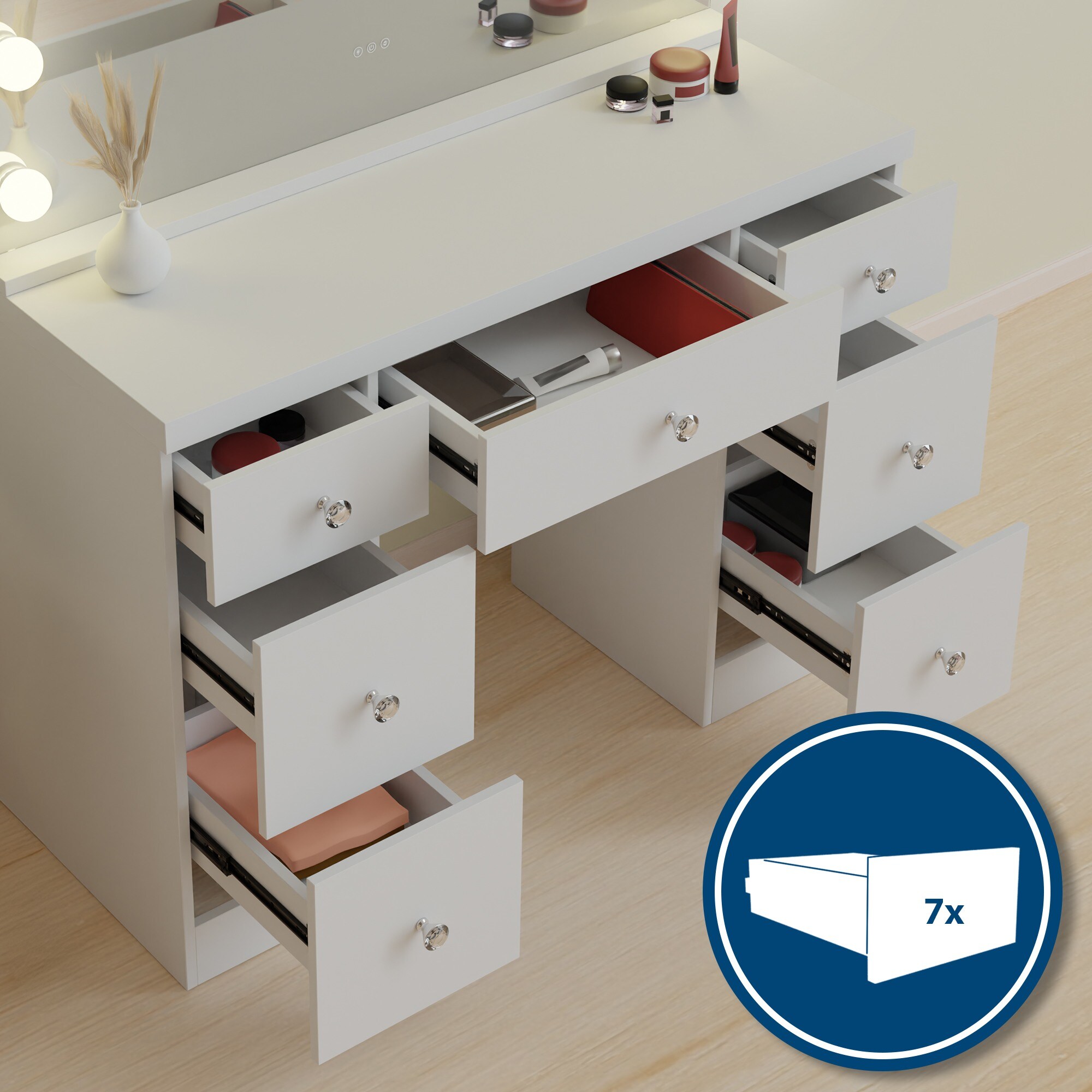 CLP Schminktisch Lerona mit großem Spiegel I Kosmetiktisch mit LED-Beleuchtung I Frisiertisch mit 7 Schubladen I mit USB-Anschlüssen