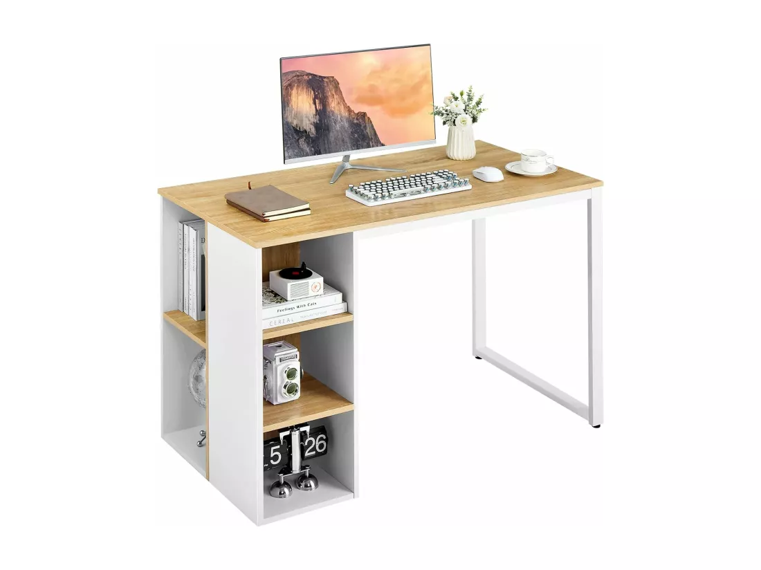 Bureau d'Ordinateur avec Bibliothèque, Bureau Informatique avec 5 Compartiments, Cadre en Métal, Table d'Ordinateur pour Bureau, Chambre, Studio, 115 x 59,5 x 75 cm (Naturel)