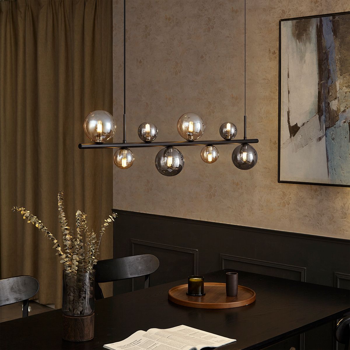 Hanglamp zwart met smoke en amber glas langwerpig 8-lichts - Monaco