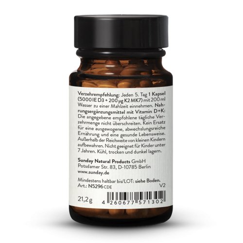 Sunday Natural Products  Vitamin d3 + k2 mk7 kapseln 5.000IE + 200 µgHochdosiert