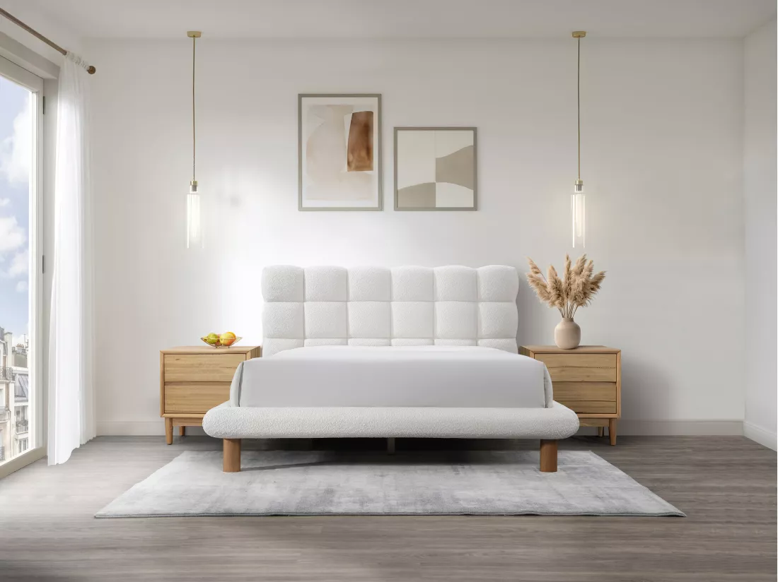 Lit avec tête de lit matelassée 160 x 200 cm - Tissu bouclette - Blanc - FUDALI