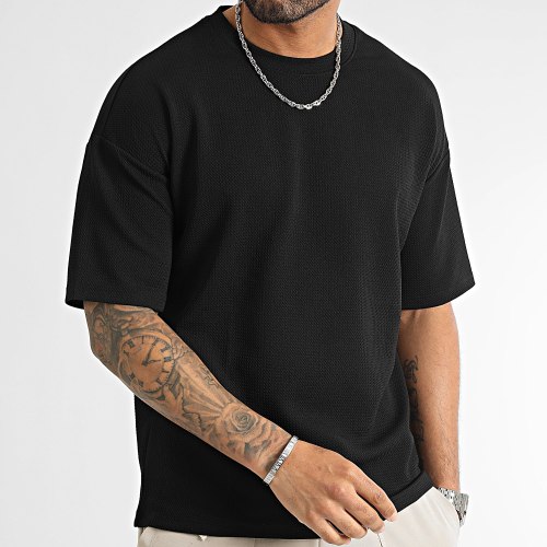 Lot De 3 Tee Shirt Texturé Waffle Large 0422 Noir Bleu Marine Blanc