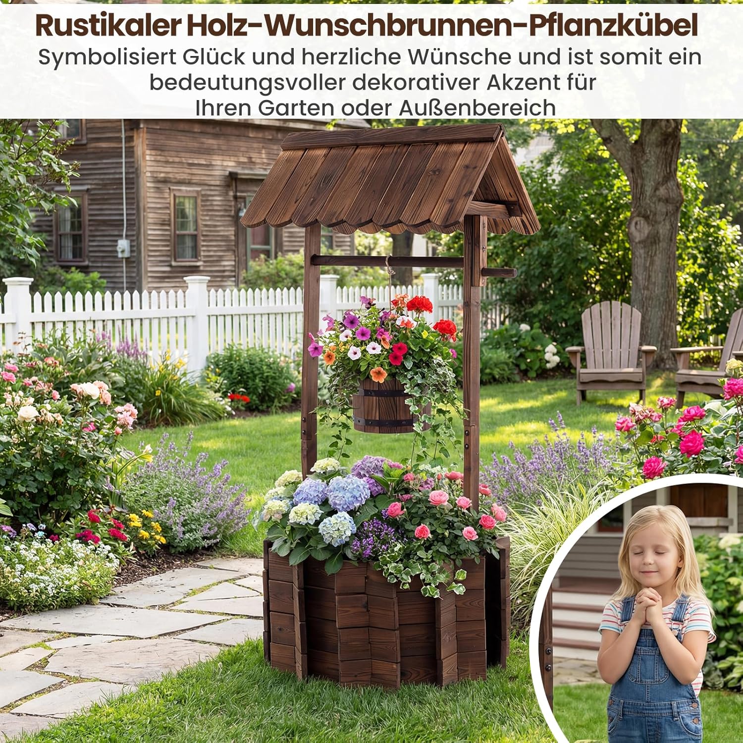 COSTWAY Holzbrunnen mit Dach, Wunschbrunnen Garten, Blumenkübel Dekobrunnen Blumentopf, Dekoration für Draußen Veranda, Zierbrunnen Brunnen Gartenbrunnen, 56 x 56 x 119 cm, Braun