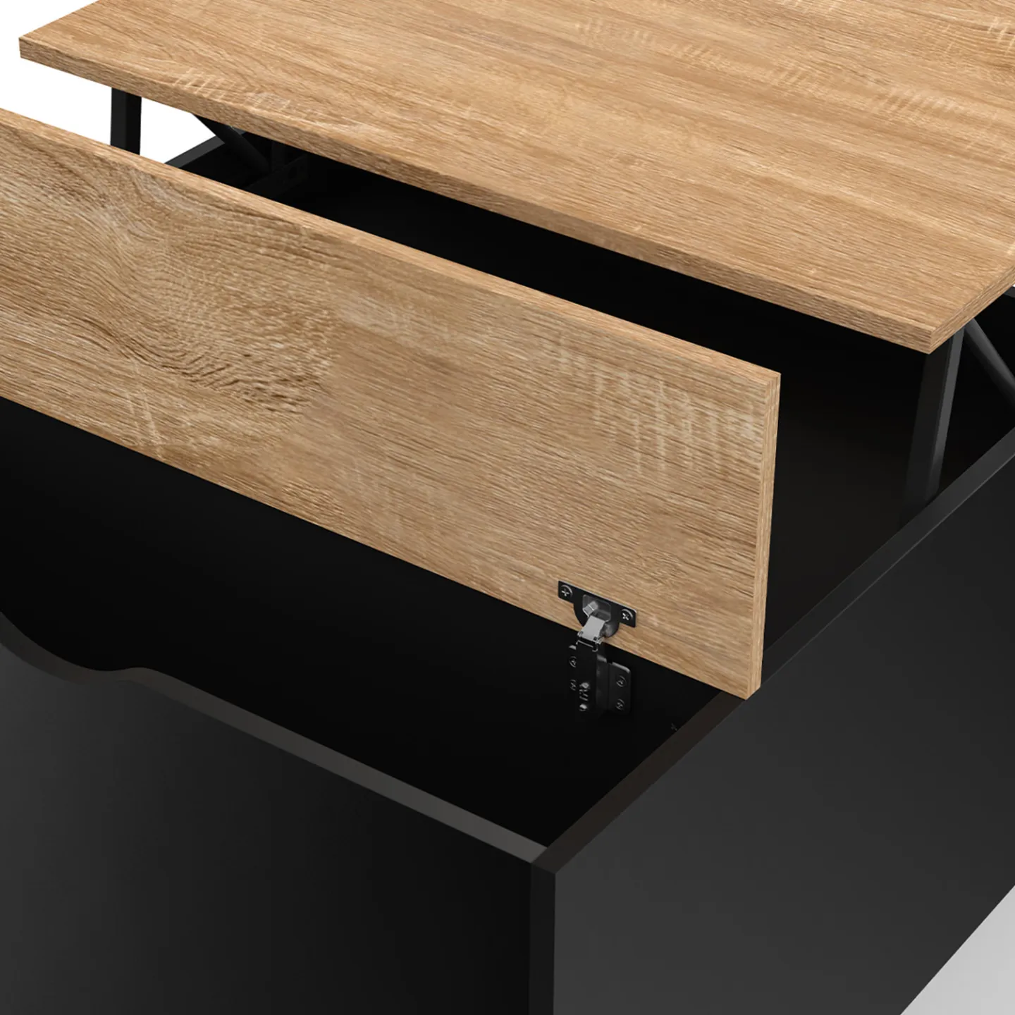 Table basse plateau relevable carrée ELEA avec coffre bois noir et façon hêtre