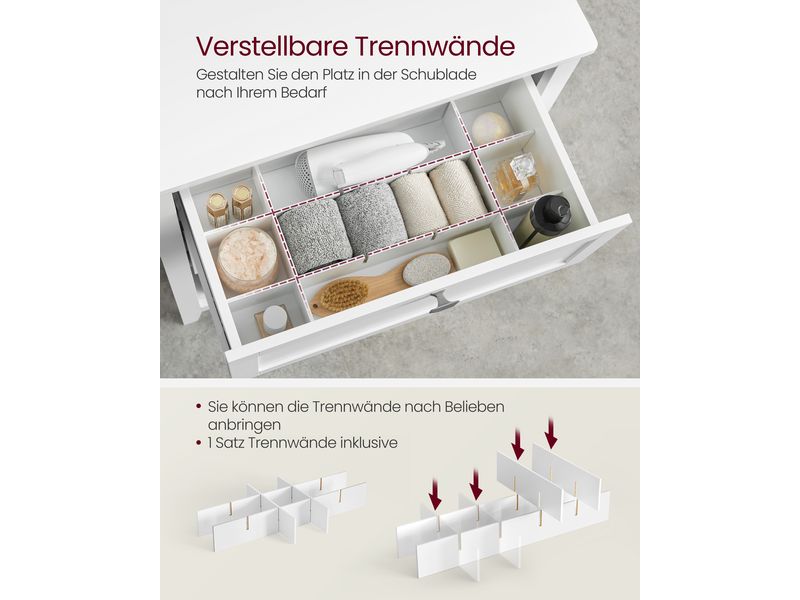VASAGLE Badezimmer-Schrank 30 x 80 cm, Weiss Schrank für das Badezimmer mit 2 Schubladen und 2 Körben