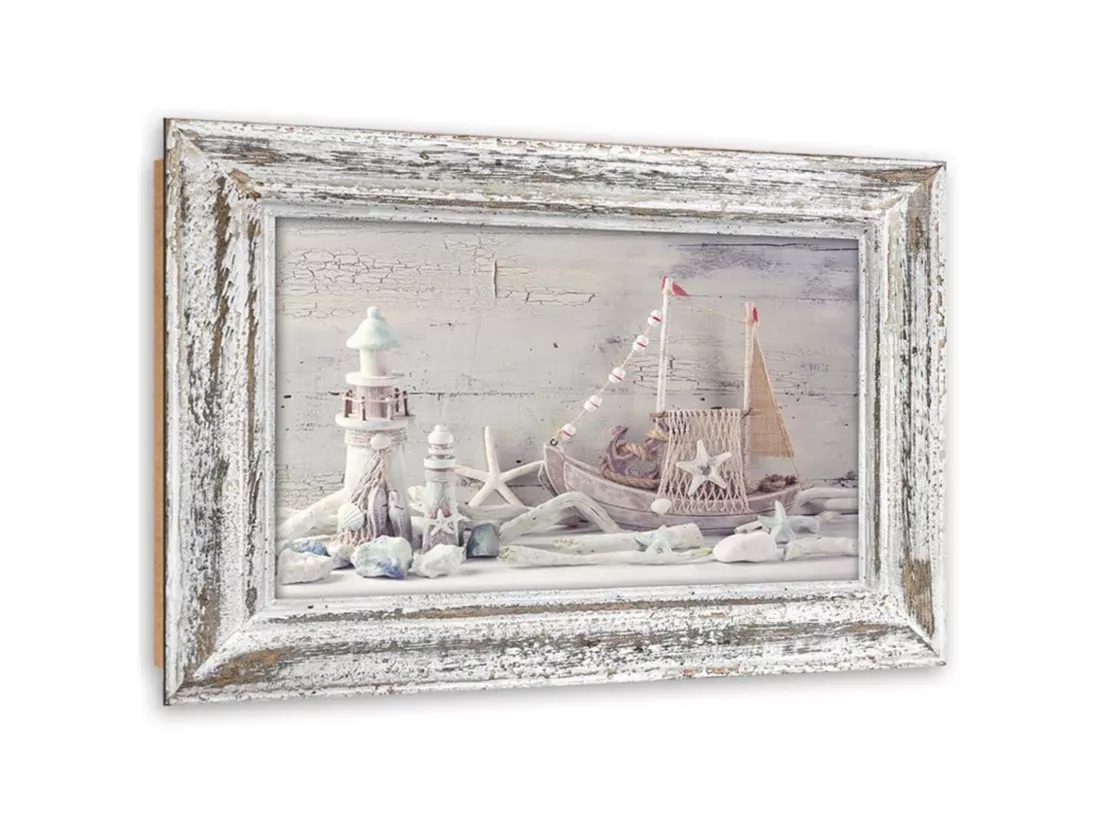 Tableau bois souvenirs de la mer dans un cadre en bois shabby chic - 120 x 80 cm