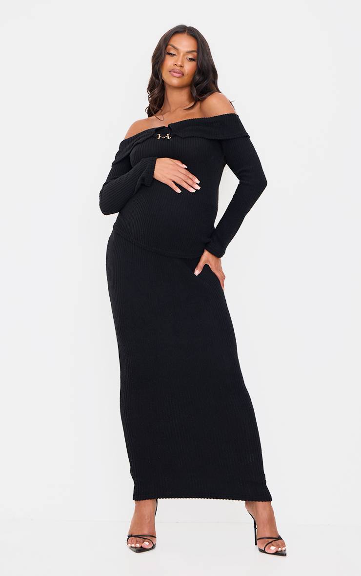 Noir Jupe Maxi En Maille Côtelée Brossée De Maternité