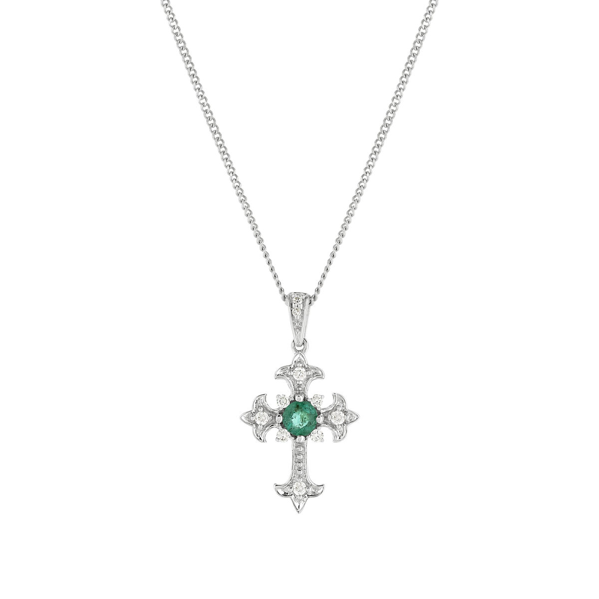 Collier or blanc 375 émeraude diamants 45 cm