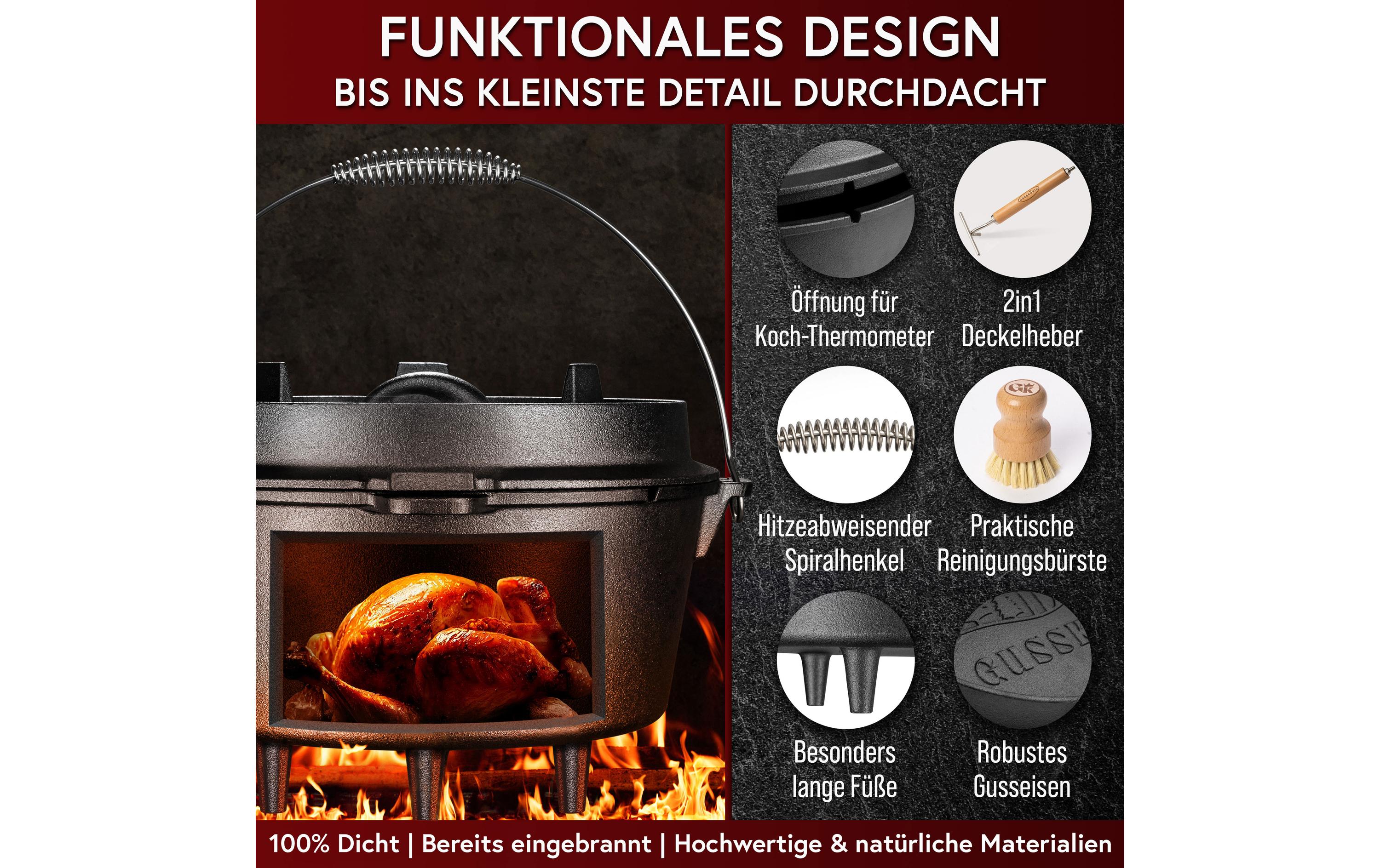 Dutch Oven Set 9 l mit Deckelheber, BürsteSet mit 2in1 Deckelheber und Reinigungsbürste