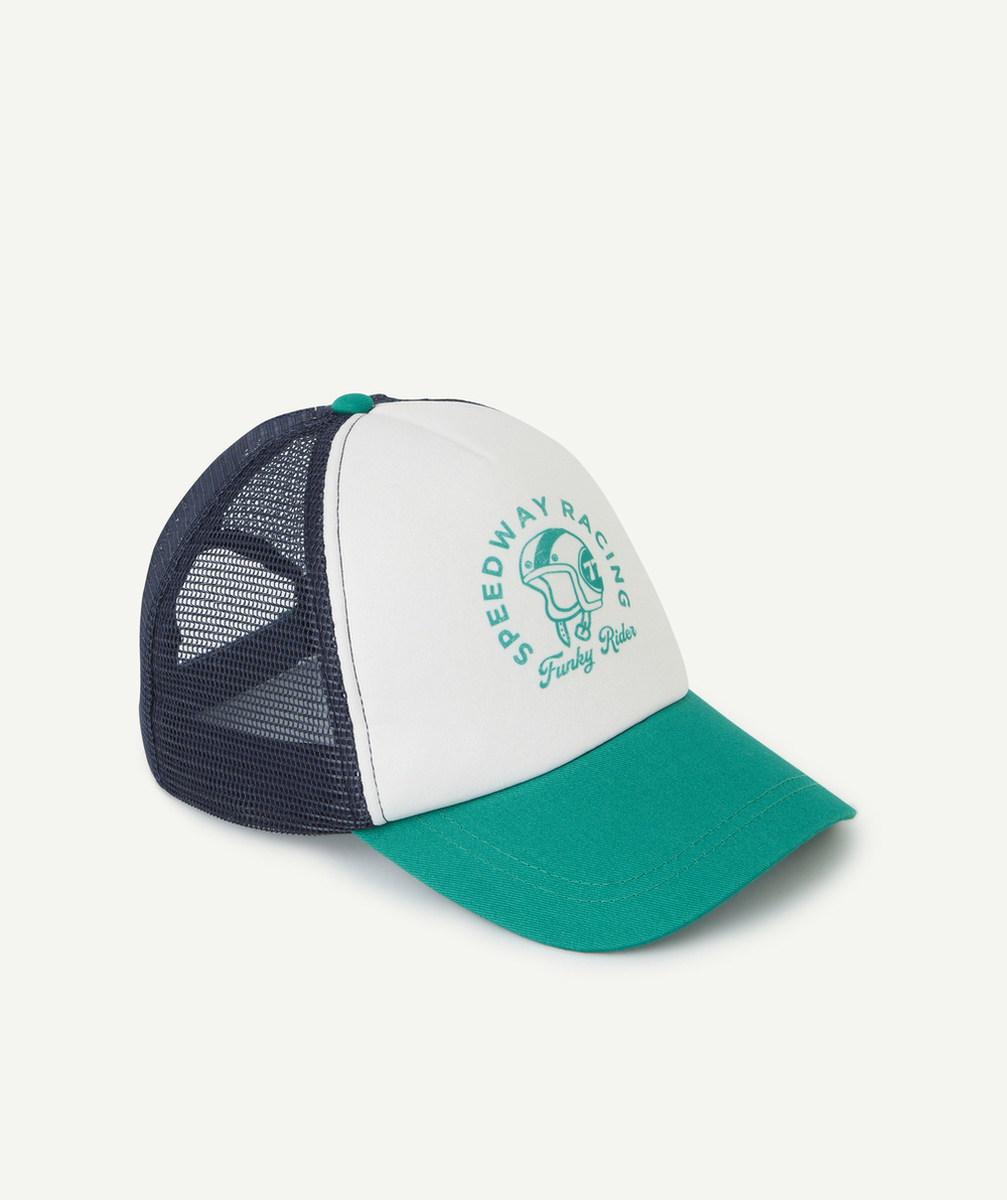 CASQUETTE GARÇON AVEC FILET BLEU MARINE ET MESSAGE CASQUE VERT