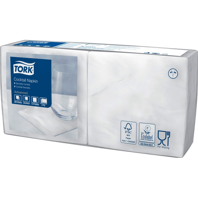 Serviette Cocktail Tork ouate 2 plis 24 x 24 cm, blanche - Paquet de 200