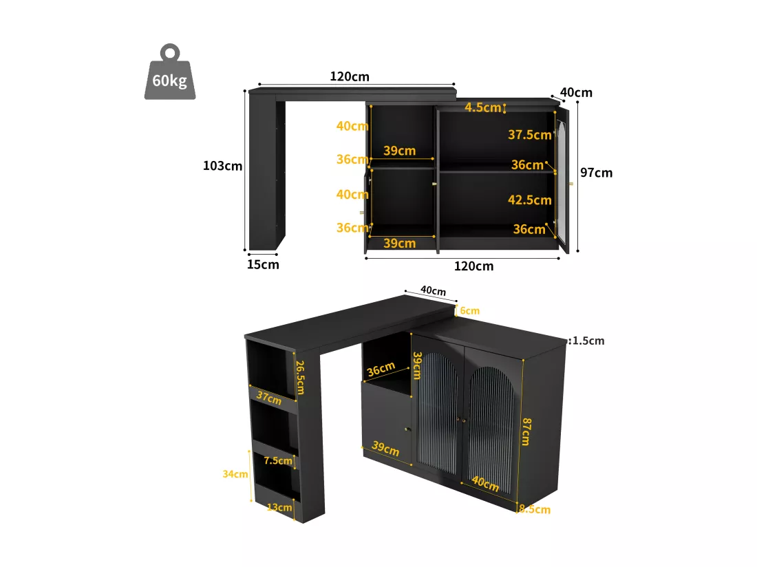 Buffet、Meuble de bar rotatif en MDF - grand espace de rangement - style contemporain - Noir