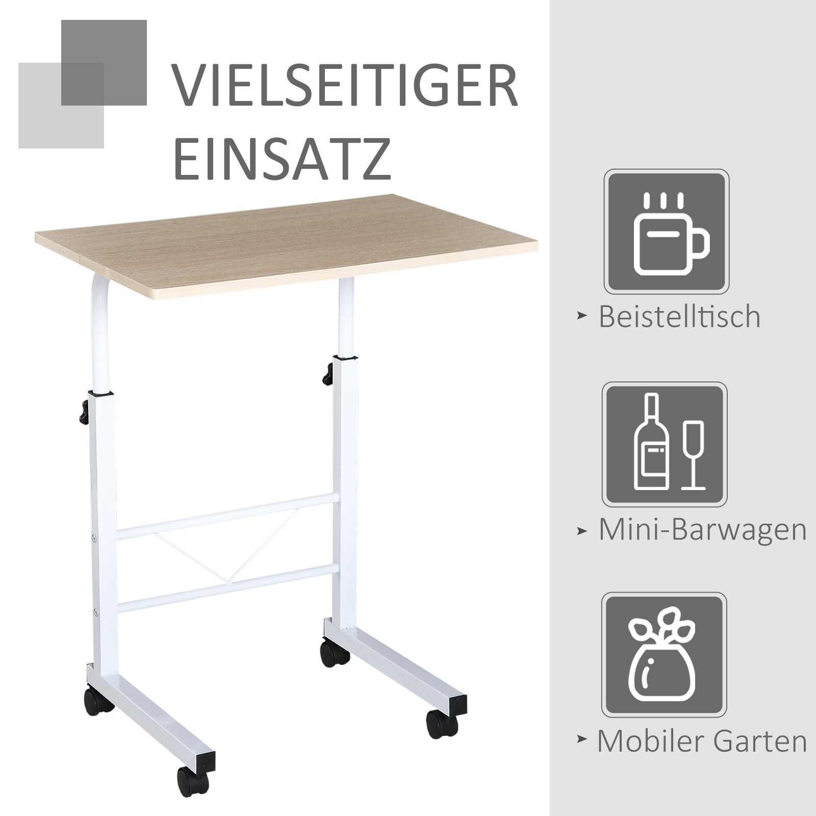 HOMCOM Beistelltisch mit Rädern und Bremsen natur B60 x T40 x H78 cm