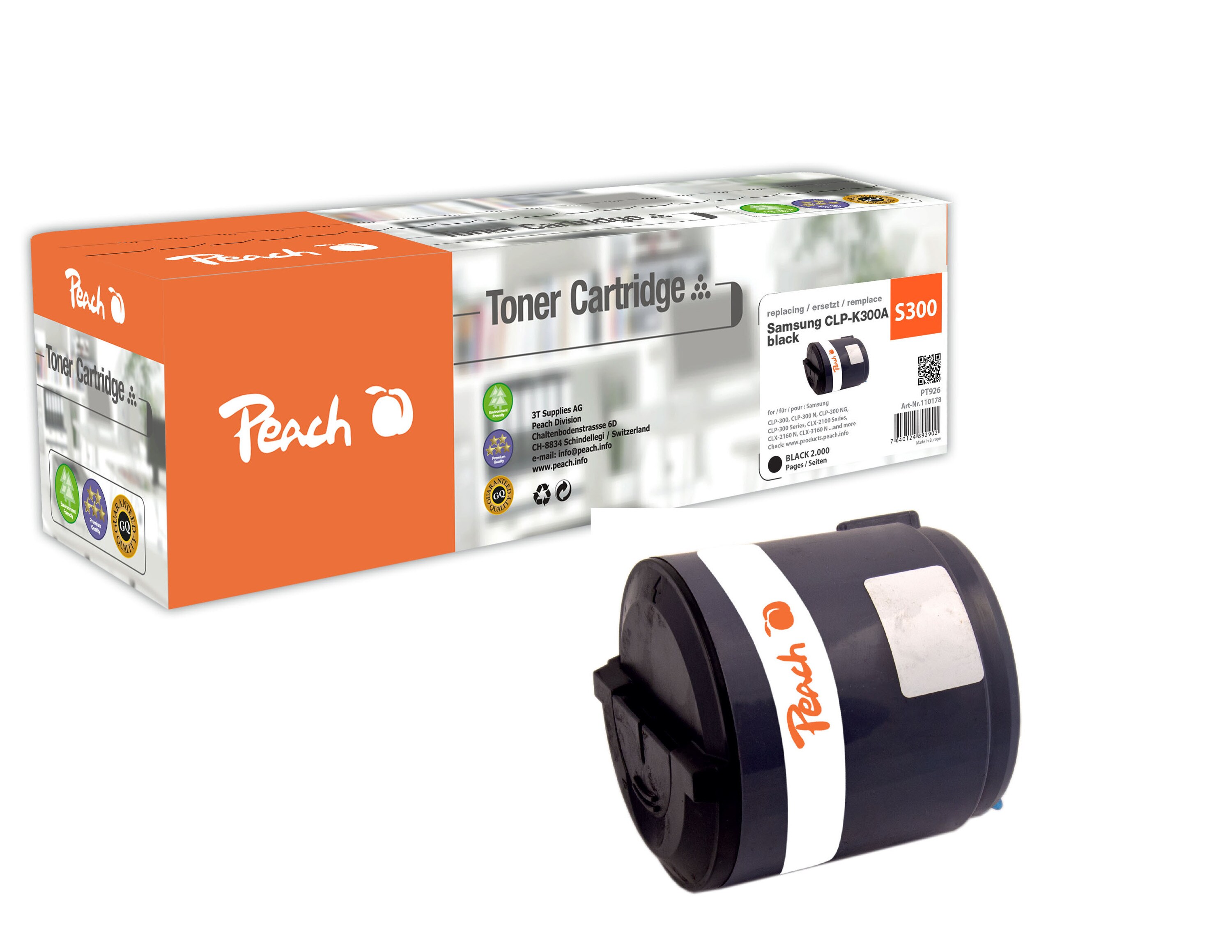 Peach S300Toner bk ersetzt Samsung CLP-K300A/ELS für z.B. Samsung CLP -300, Samsung CLP -300 N, Samsung CLP -300 NG, Samsung CLX -2100 (wiederaufbereitet)