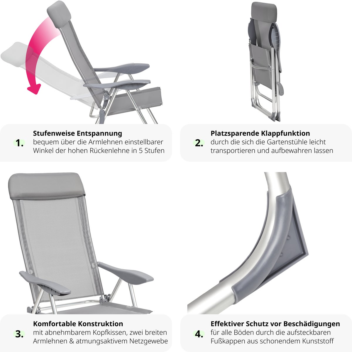 Set van 4 tectake Maurine opvouwbare tuinstoelen, 73 x 59 x 110 cm