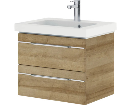 Pelipal Sunline 108 badkamermeubelset, BxHxD 100 x 200 x 46 cm, frontkleur: Riviera eiken, 4-delige badkamermeubelset met wastafel en badmeubel van wit mineraalmarmer, spiegelkast met LED-verlichting, wandkast