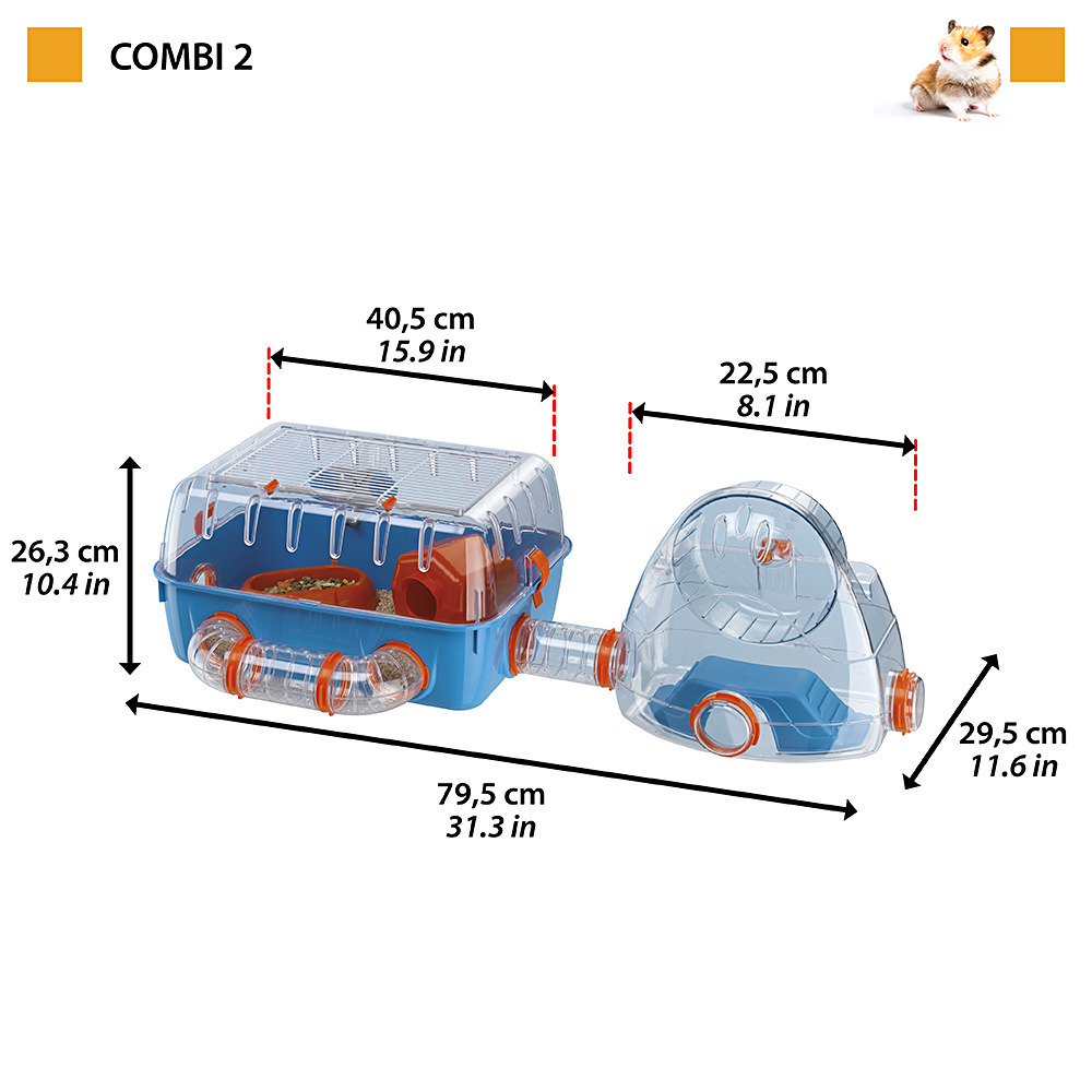 Ferplast cage pour hamsters combi 2, habitat pour petits rongeurs, plastique robuste, toit avec grille qui s'ouvre, tunnel et