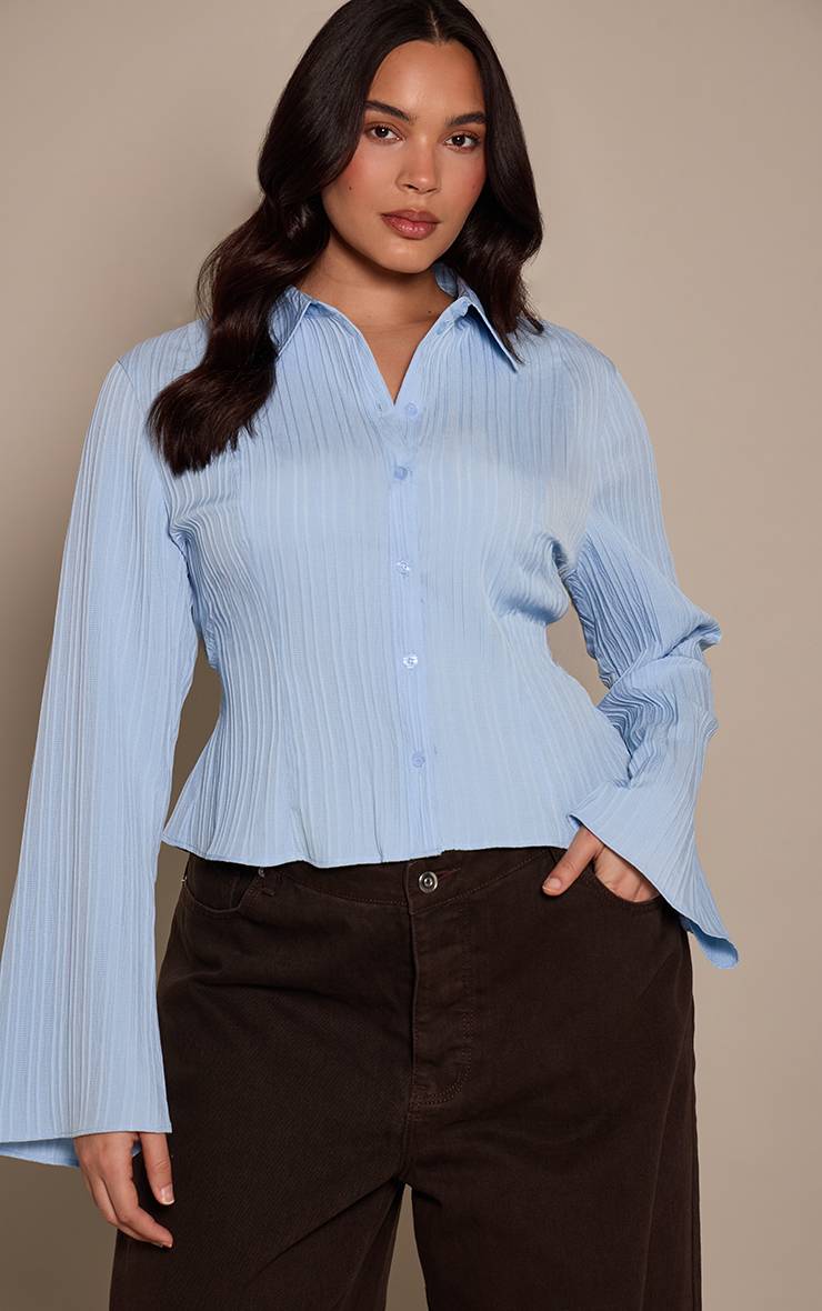 Bleu Chemise Grande Taille En Satin Texturé Avec Lien Noué Au Dos