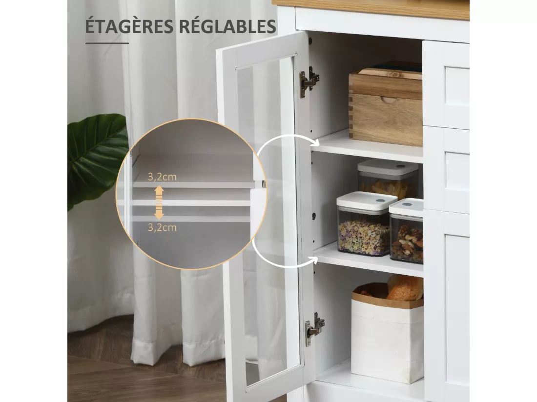 Buffet style classique chic multi-rangement 2 portes 2 étagères réglables 2 tiroirs coulissants placard 2 portes MDF blanc plateau aspect bois clair