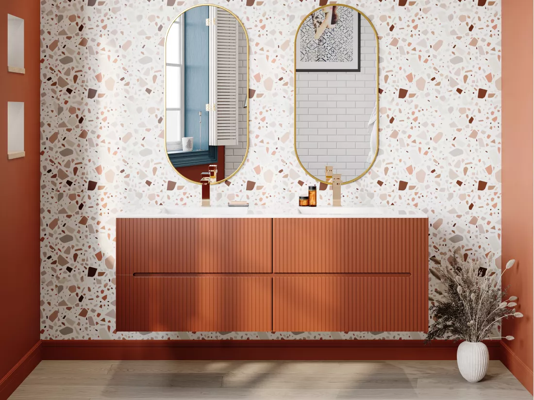 Meuble de salle de bain suspendu avec vasque à encastrer - Strié terracotta - 150 cm - PAVANI