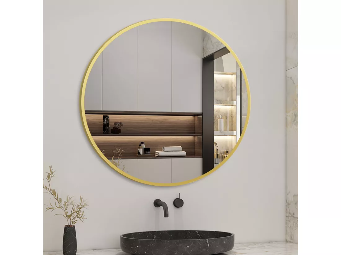 Miroir Mural de Salle de Bain Rond doré 50cm, cadre en aluminium miroir Aica