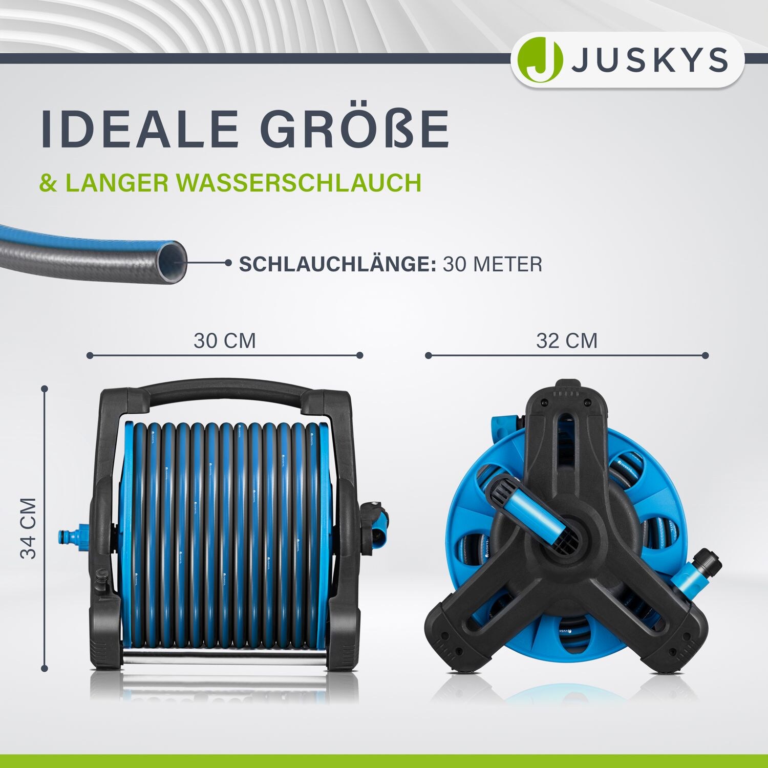 Juskys Schlauchtrommel Basic mit 30 m Wasserschlauch, Multifunktionsbrause und Halterung – Blau Grau