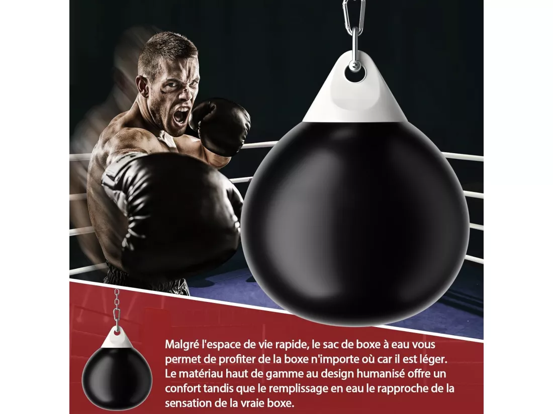 Sac de Frappe à Eau 45 x 58 cm avec Chaîne Métallique Réglable Charge Max 50KG, Entraînement Professionnel et Débutant avec Boucles d’Assurance, Fitness pour Maison Gym (Noir)