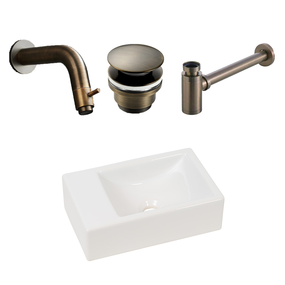 Plieger Houston fonteinset met mat witte fontein links en verouderd messing inbouwkraan